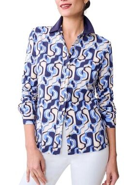 LN J. McLaughlin Betty Blue & Beige Geometric Print Button Down Collar Top - M